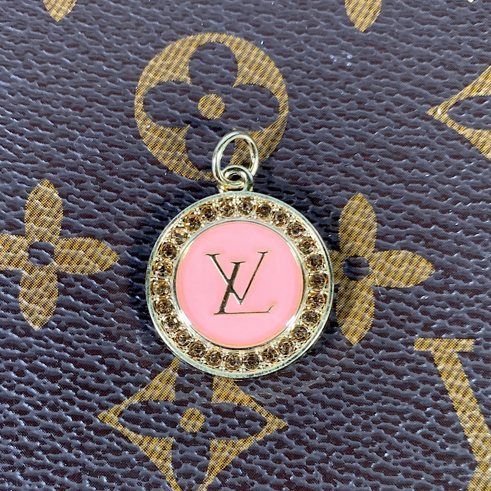 Gorgeous Upcycled Louis Vuitton gold tone rhinestones with pink center